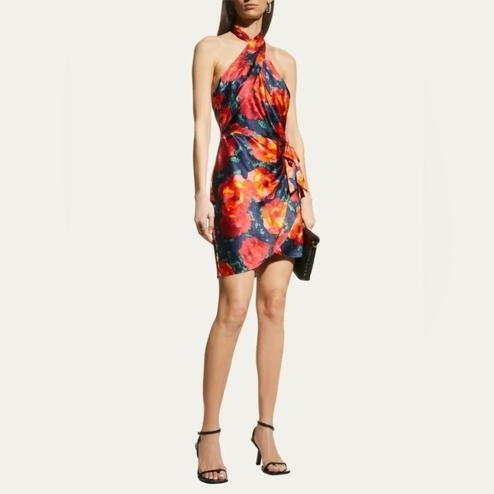 Cinq a Sept Trini Satin Floral Halter Neck Mini Wrap Dress 4
